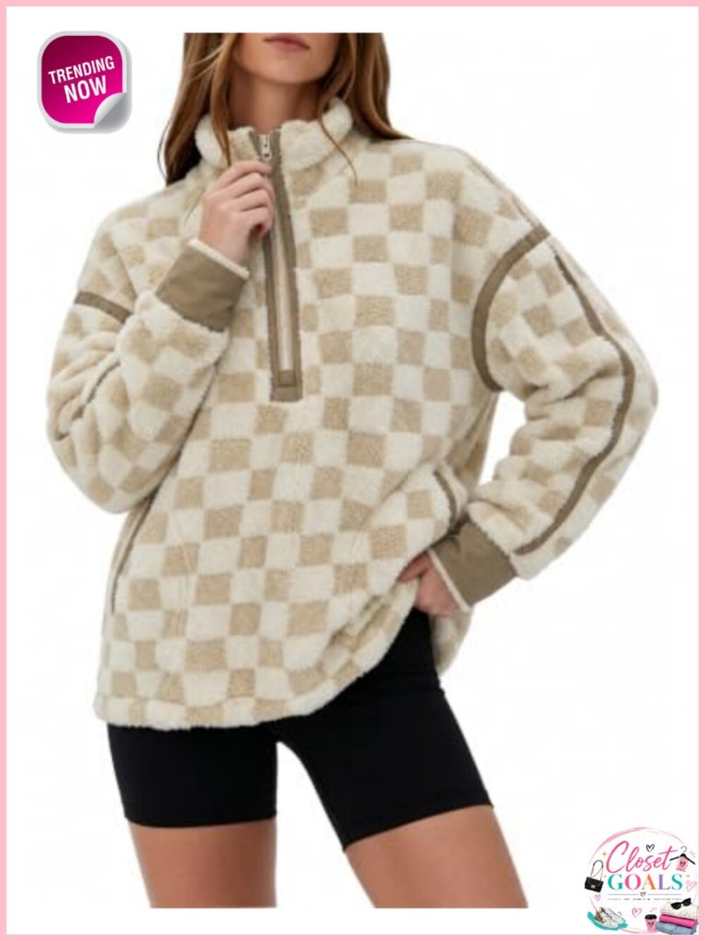 Sherpa Fleece Half Zip Pullover Checkerboard Stand Collar Relaxed Fit